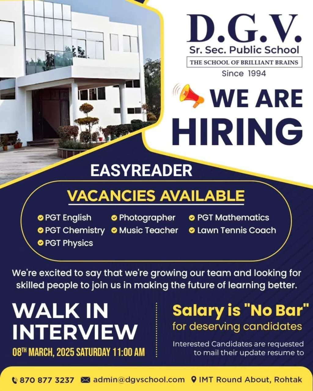 School Jobs at  D.G.V. Sr. Sec. Public School ,  Rohtak